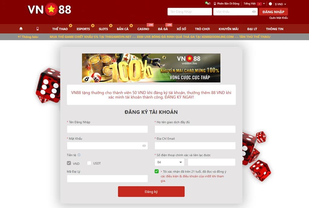 Các bước đăng ký tài khoản VN88 tham gia cá cược online