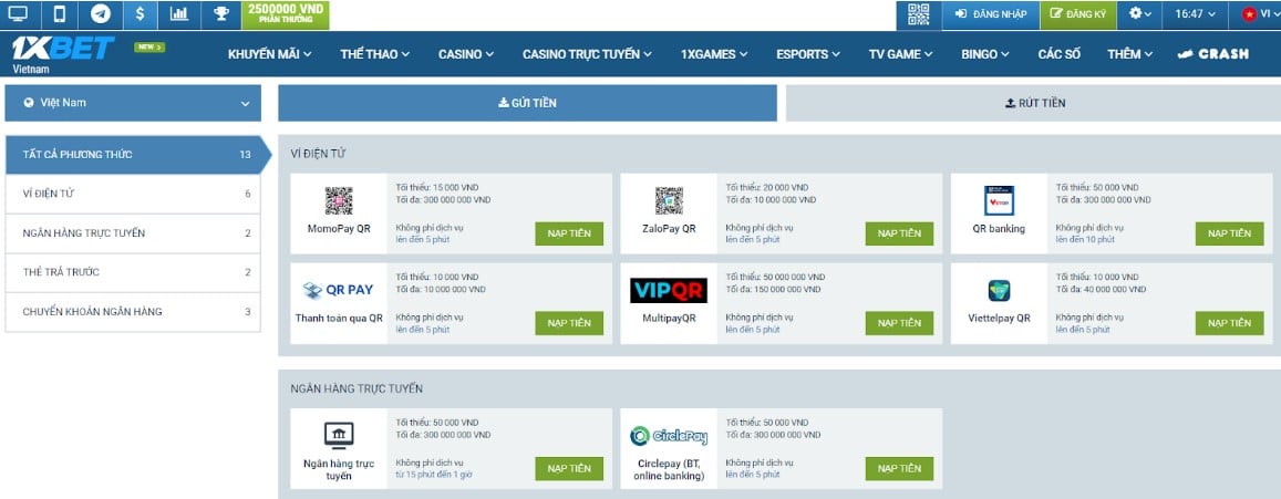 Nhiều phương thức nạp rút tiền được 1xbet hỗ trợ